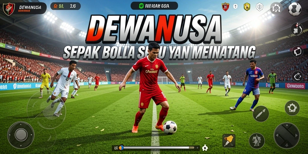 Screenshot gameplay DEWANUSA menunjukkan aksi sepak bola yang mendebarkan.