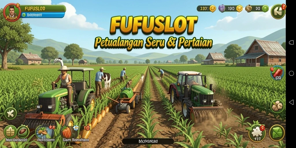 Screenshot gameplay FUFUSLOT menunjukkan lahan pertanian yang subur dan penuh aktivitas.
