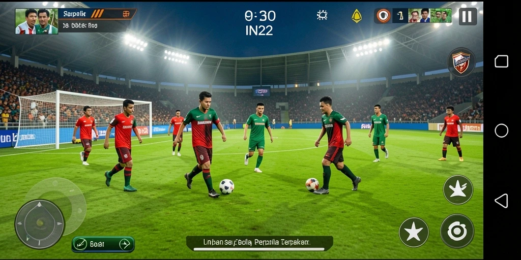 Gameplay IN22 yang seru dan realistis dalam pertandingan sepak bola.
