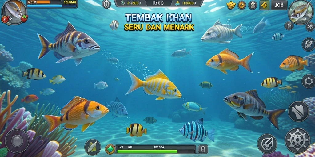 Gameplay seru JKT8 dengan menembak ikan di dunia bawah laut.