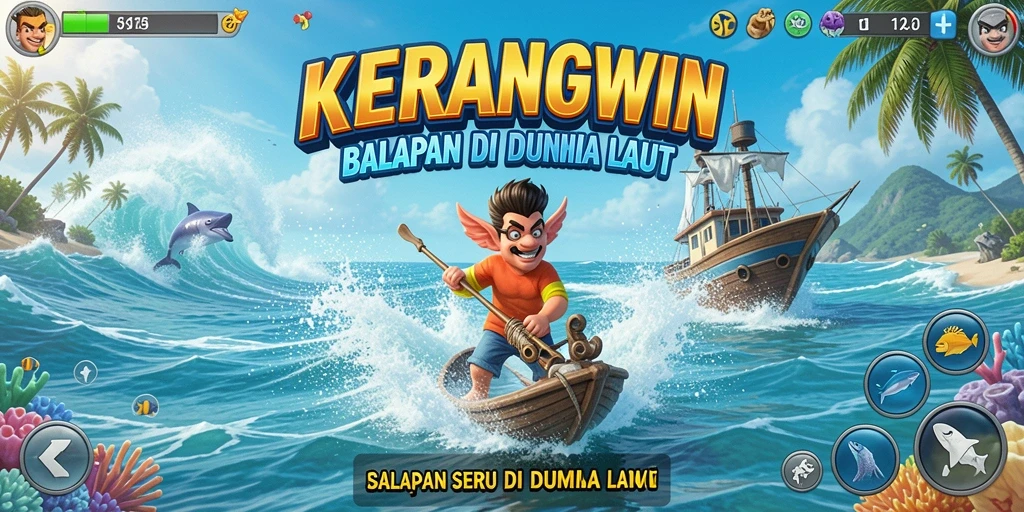 Screenshot gameplay KERANGWIN menampilkan balapan seru di bawah laut.