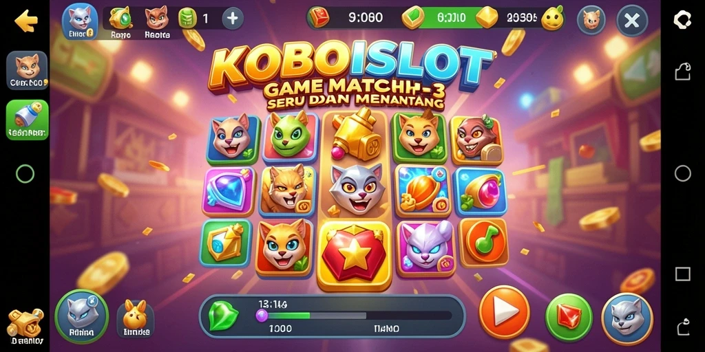 Screenshot utama KOBOISLOT menunjukkan gameplay Match-3 yang seru dan penuh warna.