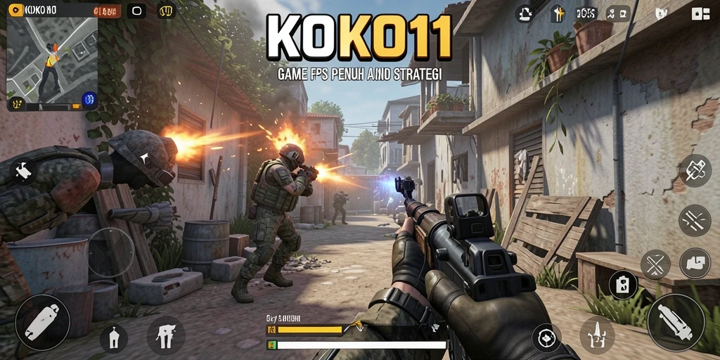 Screenshot gameplay KOKO11 yang menunjukkan aksi menembak seru.