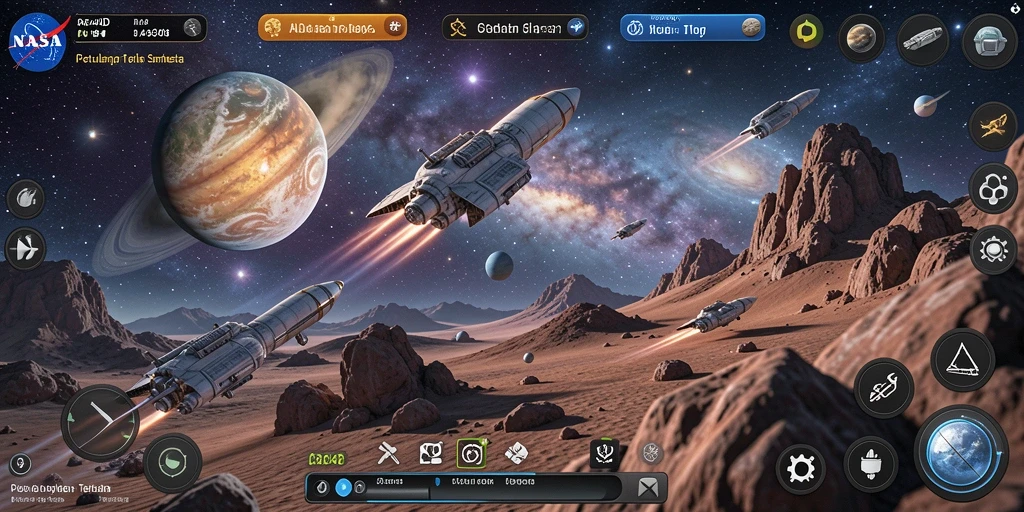Tangkapan layar dari gameplay NASA4D yang menampilkan eksplorasi luar angkasa.