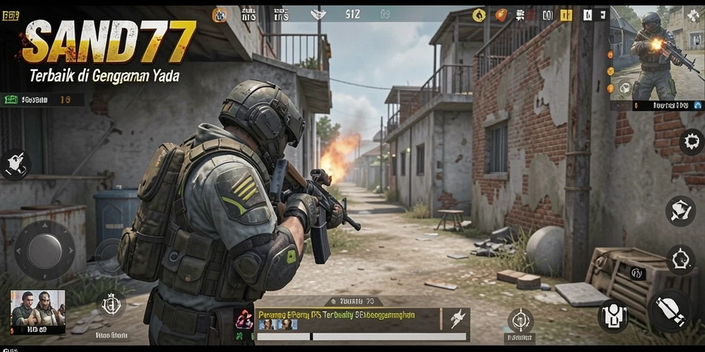 Screenshot gameplay menunjukkan aksi tembak-menembak yang seru di SAND77.