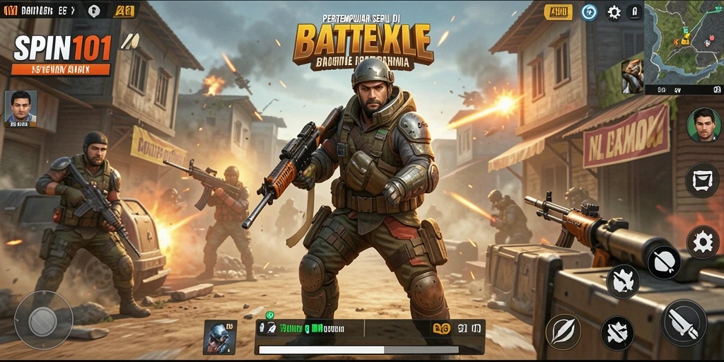 Menampilkan aksi pertempuran seru di arena Battle Royale.