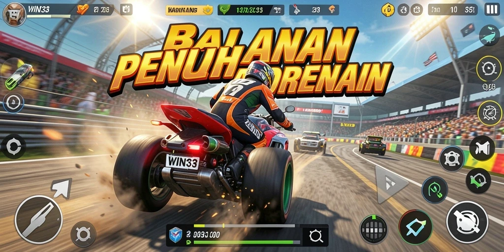 Tangkapan layar gameplay <strong>WIN33</strong> dengan mobil balap beraksi di lintasan.